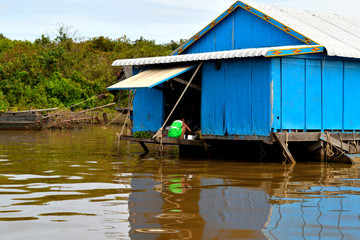 View of the amazing floating village of Kampong Khleang on the banks of Tonle Sap lake