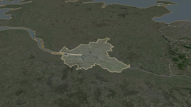 Hamburg, state with its capital, zoomed and extruded on the satellite map of Germany in the conformal Stereographic projection. Animation 3D
