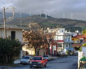 Wind farms in the mountains, autumn city landscape