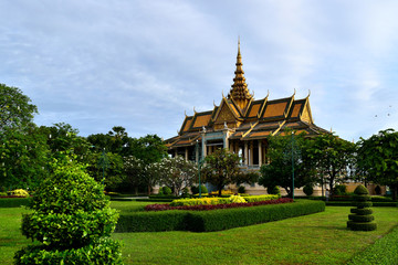 View of a building and adjacent gardens in the Royal Palace complex of Phnom Penh