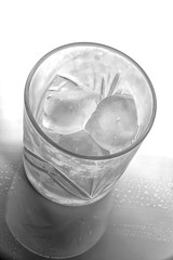 Black and white view of glass with ice cubes. Top view