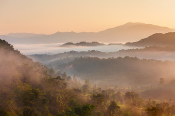 Fototapeta na wymiar Himalaya hills in mist, sunrise landscape