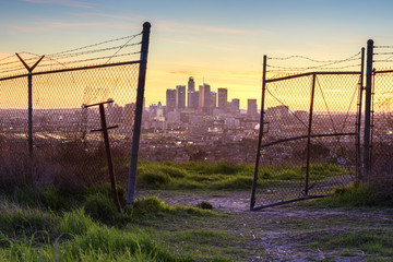 Los Angeles behind the fence at sunset