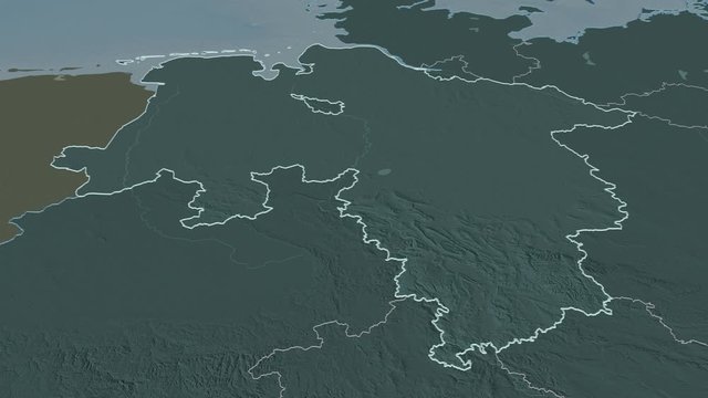 Niedersachsen, state with its capital, zoomed and extruded on the administrative map of Germany in the conformal Stereographic projection. Animation 3D