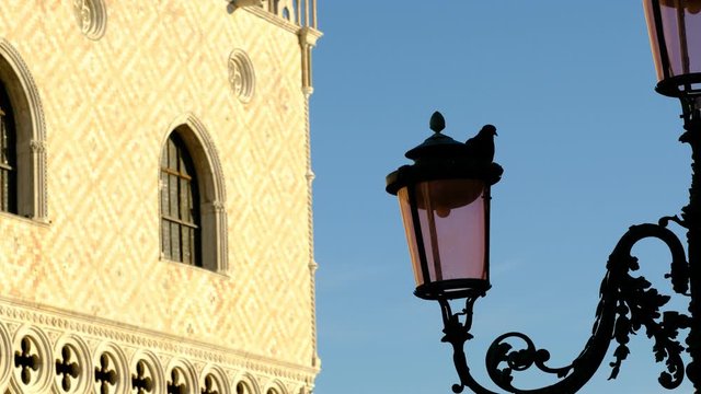 Venice, ITALY &ndash; FEBRUARY 6, 2020: Lamp in piazzetta San Marco and Doge's Palace in background