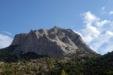 View towards Sokol mountain from New World location, Crimea, Russia.
