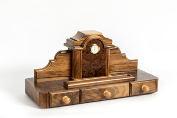 Decorative table wooden watches on an isolated background.