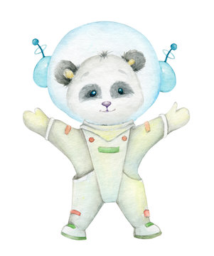 Panda, in a space suit. Watercolor drawing, on an isolated background, of a Panda astronaut.