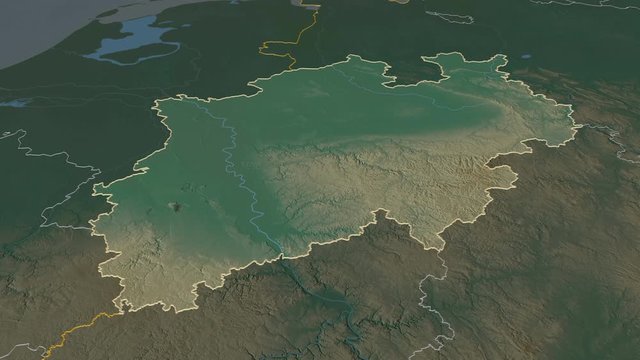Nordrhein-Westfalen, state with its capital, zoomed and extruded on the relief map of Germany in the conformal Stereographic projection. Animation 3D