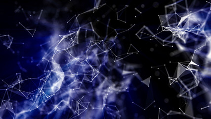 Abstract black and white background with blue glow from the connecting particles. 3d render illustration