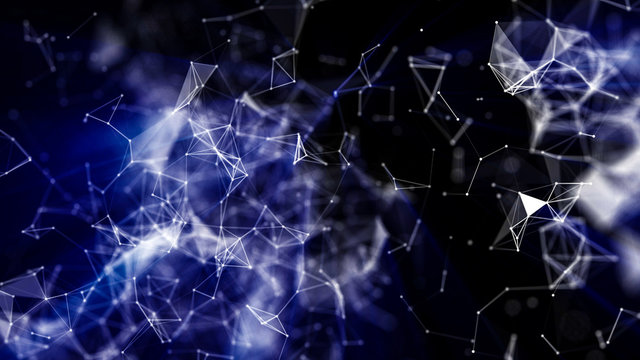 Abstract Black And White Background With Blue Glow From The Connecting Particles. 3d Render Illustration