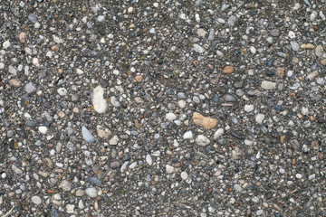 Homemade Exposed Aggregate Concrete. Beton with visible brash texture. Photographic pattern of dense ballast concrete. Gray rabblework bg image, top view. Strong concrete surface. Site concrete floor