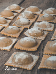 organic traditional ravioli handmade vegan filled with spinach and ricotta with frame and lettering