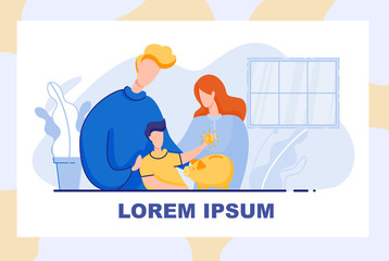 Happy Small Family Three Close People. Parents, Explaining Little Son How to Plan Financial Goals and Save Money for Their Realization. Boy, Supported by Mom and Dad, Dropping Coin in Piggy Bank.