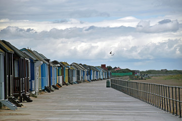 Obraz premium row of beach houses in front of the beach with a cloud sky