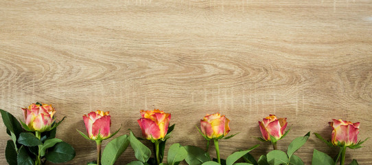 Fresh bouquet of rosses on the wooden background with some text space