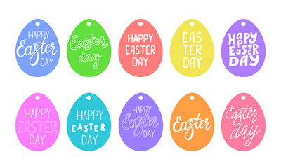 Set of gift tags in the shape of an egg with the inscription Happy Easter. Color vector illustration. Hand lettering. Drawn by hand, isolated on a white background