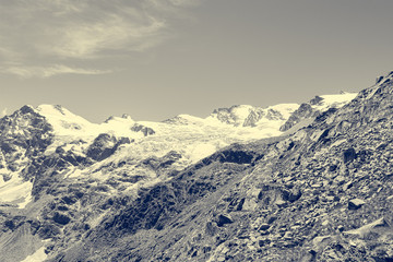 Spectacular mountain panorama with peaks and slopes covered with glaciers above lush green valley.