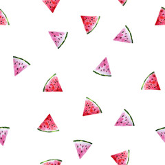 Summer seamless pattern with pieces of red and pink watermelon on white background. Surface for fabric, scrapbooking, packaging paper, wallpaper, wrap