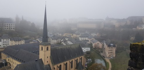 Panorama from Rue Plaetis in Luxemburg, Europe, on a foggy winter day