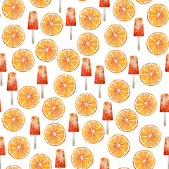 Watercolor seamless pattern with orange slice and fruit ice pops. Colorful watercolor illustration on white background. Digital paper for wallpaper, scrapbooking, textile , wrap