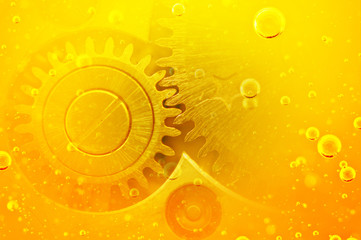 Cogwheels in oil. Macro. Car service concept. Background of gold color.
