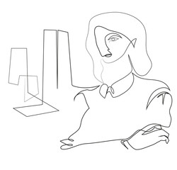 One continuous line drawing of Business Woman. Business woman standing in front of a modern business building