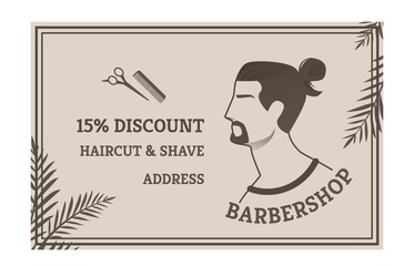 Banner is Written 15 Percent Discount Cartoon. Advertising Flyer Haircut & Shave Adress Barbershop. Discount Card Provides Opportunity Use Services in Hair, Hairstyles and Beard Flat.