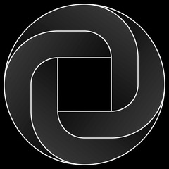 Impossible rounded square icon. White vector optical illusion shape on black background.