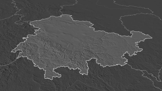 Th&uuml;ringen, state with its capital, zoomed and extruded on the bilevel map of Germany in the conformal Stereographic projection. Animation 3D