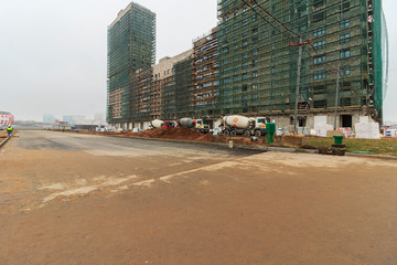 Construction of building Construction of apartment house. Concrete slab foundation building....