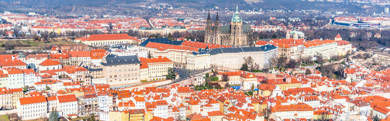Fototapeta na wymiar Aerial view of Prague Castle, Czech: Prazsky hrad, with Saint Vitus Cathedral. Panoramic view from Petrin lookout tower. Prague, Czech Republic