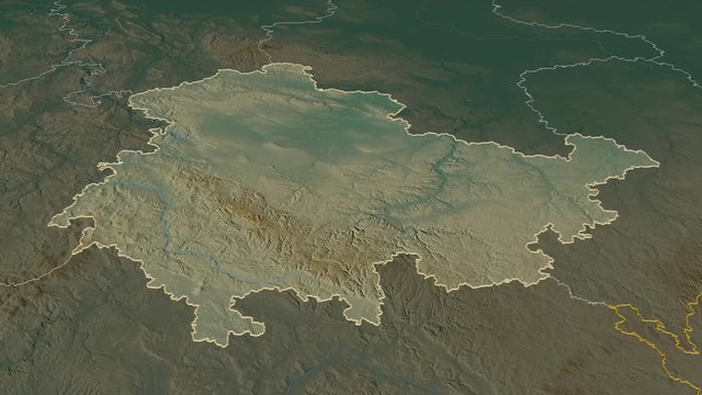 Th&uuml;ringen, state with its capital, zoomed and extruded on the relief map of Germany in the conformal Stereographic projection. Animation 3D