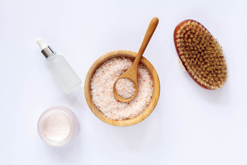 Skin care organic cosmetic on white background, top view