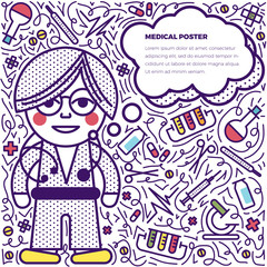 Vector medical illustration with a doctor character. Speaks in bubble with place for text. The concept of a healthy lifestyle, healthcare. Design for advertising, web site, poster.