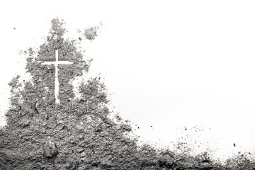 Golgotha hill with cross of Jesus Christ drawing made in ash, sand or dust as christian crucifixion calvary of God on Good Friday before Easter or Ash Wedneday concept