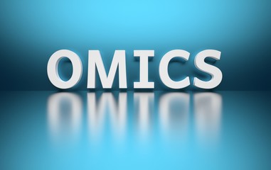 Scientific word Omics written in bold white letters on blue background.