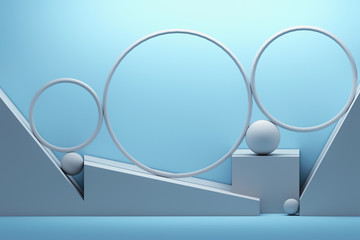 Circles spheres balancing on complex shaped stage with sphere decoration. Image with copy blank space in gray blue color.