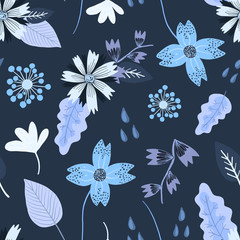 Dark blue floral seamless pattern with cute light flowers and leaves. Lovely texture with hand drawn bouquets of blossoms and herbs for textile design, wrapping paper, surface, wallpaper, background