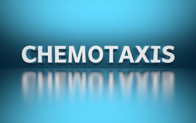 Single word Chemotaxis scientific term written in white bold letters on blue background over reflective surface