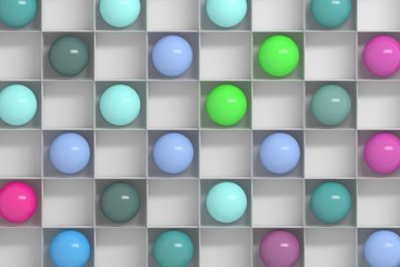 Abstract fun pattern made of shiny randomly colored spheres place in niches of square grid