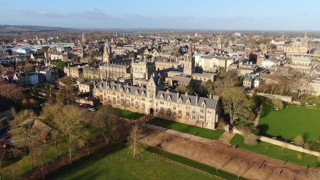 Flight over the city of Oxford and Christ Church University -aerial photography