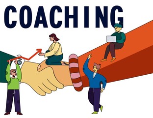 Coaching Metaphor Poster with People and Handshake. Big Cartoon Human Hands Shaking as Agreement and Partnership Symbol. Tiny Male Female Workers Follow Coach Advice. Vector Flat Illustration
