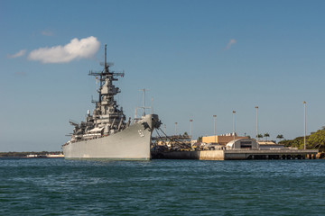 Oahu, Hawaii, USA. - January 10, 2012: Pearl Harbor. Bow of Gray USS Missouri docked and used as...