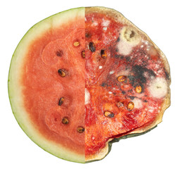 Close up of red watermelon and isolated on white background. Left is fresh watermelon, and right is...