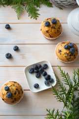 Homemade blueberry muffins in paper cupcake holder, top view image