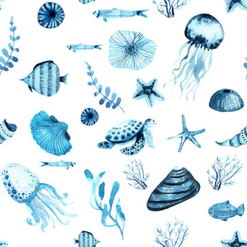 Watercolour painted indigo ocean life fish and seashells set. Seamless pattern