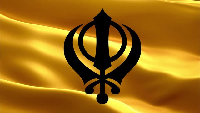 The main symbol of sikhism is the khanda sign on the background of an waving Khalistan flag, video, 4K