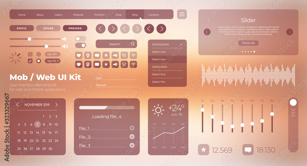 Fototapete flat mobile web ui kit. universal user interface for designing responsive websites, mobile apps. gra