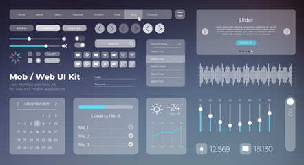 Flat Mobile Web UI Kit. Universal user interface for designing responsive websites, mobile apps. Gradient background. Different UX, GUI screens with buttons, slider, menu template. Modern space style.